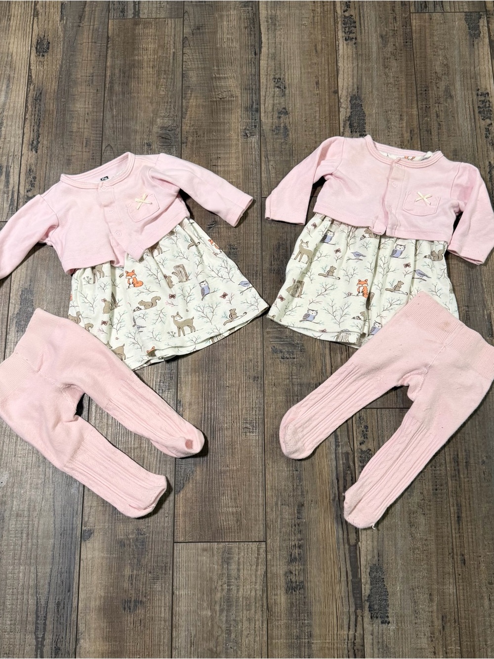 Twin Girls Hudson Baby Forest Print Dress 3-6M 100% Cotton Cardigan Tights